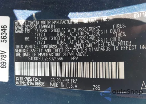 2011 Toyota Sienna Le V6 z USA, uszkodzony, nr VIN 5TDKK3DC2BS024566